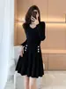 Suéter de cuello de punto con temperamento coreano, estilo Hong Kong, estilo dama suave, vestido de punto para mujer, otoño invierno, falda plisada tipo paraguas abullonada