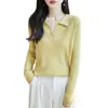 Suéter de tricô feminino com gola polo, caimento justo, pulôver versátil de manga longa em tricô fino, top cinza elegante