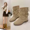 Botas de Invierno para Mujer Estilo Retro Hebilla Tacón Grueso Botas tipo Martin 2026 Otoño Nuevo Punta Redonda Gamuza Caña Media Fruncidas Botas de Jinete