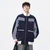 Jaqueta Listrada Color Block Masculina 2026 Primavera e Outono Nova Marca Tendência Estilo Americano Design Solto Gola Alta Moletom com Zíper
