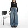 Jeans de pierna ancha de cintura alta color azul mezclilla con detalle naranja para jóvenes y mujeres, corte holgado, adelgazantes, favorecedores, versátiles y elegantes