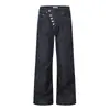 Calça jeans de brim cru com botões inclinados para homens, corte solto, estilo de rua americano, versátil, calça simples de perna reta e larga