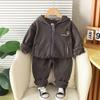 Macacão de Inverno Cartoon com Forro de Fleece para Menino 2025 Novo Conjunto de Veludo Duas Peças com Zíper e Letra Urso