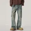 Calça Jeans Flare Vintage Lavada para Homens, Moda Outono High Street Marca Reta Solta de Perna Larga