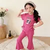 Conjunto de Calça Flare Dopamina para Meninas com Camiseta de Manga Curta, Calça Longa Fina de Verão, Estilo Elegante e Doce para Crianças Pequenas do Jardim de Infância