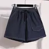 Toma real de shorts de mezclilla de verano para mujer con cordón, cintura alta, adelgazantes, ligeros, holgados, rectos, pierna ancha, talla grande, shorts de algodón