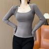 Camisa básica de cuello cuadrado blanco para mujer, primavera y otoño, de alta gama, interior ajustado, camiseta de manga larga, top sexy corto ajustado a la moda