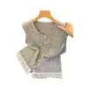Colete de tricô patchwork com acabamento de renda doce estilo coreano para mulheres, novo suéter colete da moda outono e inverno que rejuvenesce