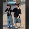 26 Moda Tendencia Tiktok Estilo Coreano Marca Trendy Pedrería Manga Corta Versátil Holgada Manga Corta Camiseta Padre-Hijo para Niños y Niñas