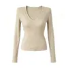 Atuendo Estilo Old Money: Camiseta Base de Punto de Manga Larga con Cuello en V para Mujer, Top Otoñal Chic Francés de Corte Ajustado