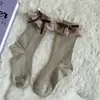 Calcetines Hechos a Mano de Encaje Dulce Otoño Invierno Lana de Oveja Cálidos Rayas Verticales Lazo Lateral Calcetines Acumulados a Media Pantorrilla Calcetines Cortos para Niñas