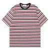 Camiseta Retrô Color Block de Listras Finas de Manga Curta, Verão Azul Marinho Gola Redonda Canelada, Estilo Casual Unissex, Ombro Caído Top Solto