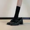 Versão em Couro~Sapatos Mary Jane Quadrados Retrô Franceses com Salto Grosso para Mulheres, Versáteis com Uma Tira Única e Laço, Sapatos Baixos de Couro
