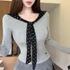 7019# Camiseta de Manga Larga Elegante y Única con Cuello Azul Marino Bordado de Lunares para Mujer Capa Interior Otoño/Invierno con Almohadillas para Sujetador Integradas Top Base