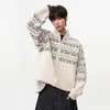 Suéter Cárdigan Jacquard Fair Isle Retro Americano para Hombre Otoño Holgado Casual Estilo Perezoso Ropa de Punto Cálida