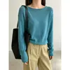 ¡Tejido azul lago! Cárdigan de punto de manga larga con un solo hombro y dobladillo enrollado, un top de punto de corte holgado para principios de otoño que ilumina el cutis, estilo mujer H091209