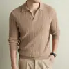 Suéter listrado gola henley estilo old money masculino outono e inverno novo manga longa jacquard transfronteiriço malha de base masculina