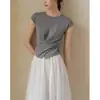 Camiseta de Tricô com Bainha Sobreposta em Lã Mista, Design de Nicho, Aparência Emagrecedora, Gola Redonda, Manga com Pequena Bolsa para Mulheres