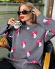 Suéter de Punto con Diseño Jacquard de Champiñones de Manga Corta Estilo Europeo y Americano Transfronterizo para Mujer, Chaqueta Pulóver de Punto Holgada con Bloques de Color Otoñal