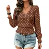 Primavera/Verão 2026 Temu Transfronteiriço Novo Europeu e Americano Gola Redonda Estampado Poá Franzido Manga Longa Decote V Moda Casual Top