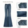 Calça Jeans Flare Cintura Baixa Estilo Retrô Americano, Calça Jeans de Perna Larga Solta Emagrecedora, Calça Longa Slim Fit, Versátil