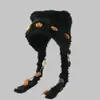 Gorro de tricô para outono e inverno, estilo gato, com abas para as orelhas, forro de pelúcia, espessado para aquecimento, design fofo de desenho animado, faz o rosto parecer menor