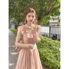 Vestido plisado rosa estilo resort con mangas acampanadas y volantes, cuello en U, para mujer, vestido largo de gasa línea A, venta al por mayor transfronteriza de verano