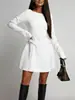 Vestido Mini Elegante Elegante Europeu e Americano Transfronteiriço Feminino Outono e Inverno Gola Redonda Moda Elegante Cintura com Laço Aparência Emagrecedora Manga Longa