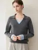 Suéter de Punto de Cachemira Grueso con Solapa a Bloques de Color Falso Dos Piezas para Mujer, Suéter Base Grueso con Diseño de Empalme para Otoño e Invierno