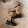 Botas Plegables de Piel de Vaca de Dos Vías Botas de Caballero Botas Largas con Hebilla para Mujer Tacón Grueso Botas Fruncidas Botas Vaqueras Occidentales
