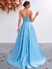 Elegante vestido de noche sin tirantes con un toque de alta gama, entallado en la cintura, falda amplia, abertura, vestido azul para cenas, desfiles y actuaciones