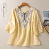 Camisa de algodón y lino estilo chino con bordado pesado y cuello en V para mujer, blusa ligera y transpirable de verano, top de lino elegante y rejuvenecedor