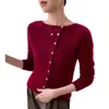 Cardigan de Cashmere Macio para a Pele, Cor Sólida, Estilo Pulôver Outono e Inverno para Mulheres, Gola Redonda, Novo Estilo, Manga Longa, Botão Diagonal, Estilo Europeu e Americano Versátil