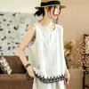 Estilo veraniego, talla grande, mezcla de algodón y lino, dobladillo bordado, chaleco sin mangas, corte holgado, transpirable, adecuado para el trabajo o uso casual, camiseta para mujer