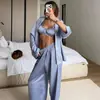 Pijama de Satén de Seda de Hielo Europeo y Americano 2026 para Mujer, Otoño/Invierno Cómodo Agradable a la Piel Manga Larga Ropa Interior Pantalones Largos Ropa de Casa Conjunto de Tres Piezas
