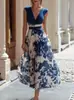 2026 Estilo Europeo y Americano Marca Independiente Sin Mangas Cuello en V Estampado de Porcelana Azul y Blanca Vestido Largo Verano Vestido de Gala Transfronterizo