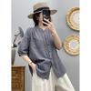 Camisa de Manga Curta de Algodão de Camada Dupla para Verão Quente para Mulheres, Blusa Solta com Decote V de Listra Única Respirável para Mulheres, Novo Modelo 2025