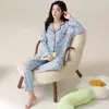 Algodón PuroPijama de Manga Larga para Mujer Otoño Nuevo Estilo Cárdigan Dibujos Animados Pantalones Largos Lindo Lunares Conjunto de Ropa para el Hogar Primavera Otoño