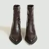 Botas femininas de tornozelo transfronteiriças europeias e americanas no atacado, botas de tornozelo com salto plataforma, bico fino, sola grossa, salto grosso, salto alto, cabedal de couro, zíper traseiro, botas de combate