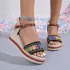 Sandalia de cuña de esparto abierta de verano de estilo étnico bordada de nueva llegada para mujer, talla grande, comercio exterior, suela blanda, versátil, calzado casual