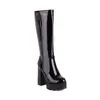 Botas femininas de outono e inverno estilo europeu e americano para boate, botas femininas de cano alto com plataforma de couro envernizado e salto grosso, dropshipping transfronteiriço