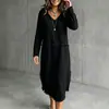 Moda Femenina Otoño 2026 Transfronteriza Europea y Americana Color Sólido Borde Deshilachado Patchwork Cuello en V Holgado Casual Vestido de Manga Larga para Mujer