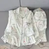 Pijama de una pieza entrega nube algodón azul estampado leopardo bordado perrito para mujer, cuello solapa, primavera y otoño, manga larga, pantalón largo, conjunto de ropa para casa