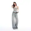 Verão 2026 Novo Jeans Retrô Americano Listrado Vertical Design Simples Jeans de Cintura Alta com Barra Reta Solta Feminino
