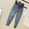 Calça Jeans Feminina Torre Verão 2021 Nova Tamanho Grande Cintura Alta Solta Emagrecedora Versátil Peça Externa Cropped Cenoura Harem