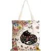 Novo produto transfronteiriço: Bolsa de lona com estampa fofa de gato e floral, bolsa de ombro, bolsa dobrável, bolsa tote, sacola de compras, bolsa de viagem