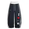 Calça de Perna Larga com Estampa de Coração Estilo Americano para Homens e Mulheres, Solta e Fluida, Nova Coleção Primavera e Outono 2025, Solta, Emagrecimento, Casual