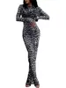 Verão 2025 Nova Roupa Feminina Europeia e Americana Sexy Malha Estampada Manga Longa Transparente Bodycon Vestido Atacado Amazon