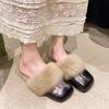 Xiao Xiang Feng Outwear Chinelos Mao Mao 2024 Outono e Inverno Novos Sapatos Mao Mao Rasteiros Chinelos Mule Slip-on Baotou Metade Chinelos para Mulheres