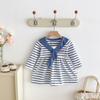 Vestido para Niñas Azul Marino con Cuello a Rayas de Manga Larga Otoño Nuevo Estilo Falda para Bebés y Niños Vestido de Princesa de Algodón para Bebé